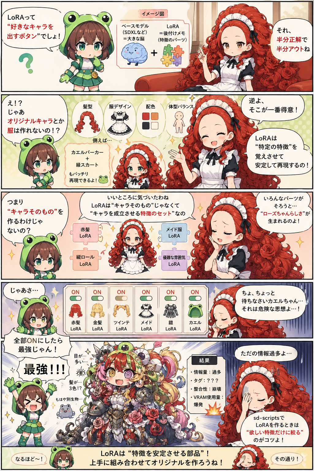 LoRAの仕組みを説明する日本語漫画。カエルのフードをかぶった少女が『LoRAって好きなキャラを出すボタンでしょ！』と言う。赤い巻き髪のメイド少女ローズが『それ、半分正解で半分アウトね』と返す。図では、ベースモデルは大きな脳、LoRAは後付けメモや特徴パーツとして描かれている。ローズは、LoRAは髪型、服デザイン、配色、体型バランスなど特定の特徴を覚えさせ、安定して再現するものだと説明する。カエル少女が『つまりキャラそのものを作るわけじゃないの？』と聞くと、ローズは『キャラを成立させる特徴のセットなの』と答える。例として赤髪LoRA、縦ロールLoRA、メイド服LoRA、優雅な雰囲気LoRAが並び、それらがそろうとローズちゃんらしさが生まれると説明される。カエル少女が赤髪、金髪、ツインテール、メイド、鎧、カエルなど複数のLoRAを全部オンにして『最強！』と言うと、特徴が混ざりすぎた混沌としたキャラクターが生成される。結果欄には情報量が多過ぎ、タグ不明、整合性崩壊、VRAM使用量爆発と書かれている。ローズは『ただの情報過多よ。sd-scriptsでLoRAを作るときは欲しい特徴だけに絞るのがコツ！』と説明する。最後に、LoRAは特徴を安定させる部品で、上手に組み合わせてオリジナルを作ろう、という結論で終わる漫画。
