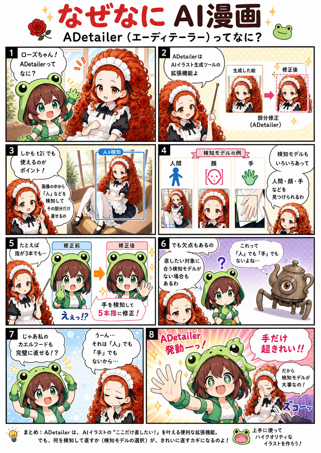 ai漫画:、5年AIイラスト生成と格闘した私が、ADetailerで人・顔・手を検知し、3本指も5本指へ“ここだけ修正”できる仕組みを解説！