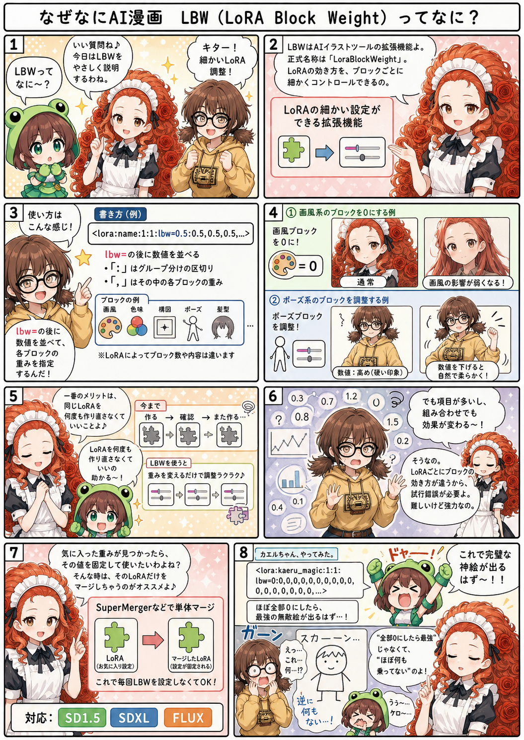 ai漫画: LBWでLoRAの画風やポーズの重みを調整し、作り直さず性能を引き出す方法を漫画で解説！