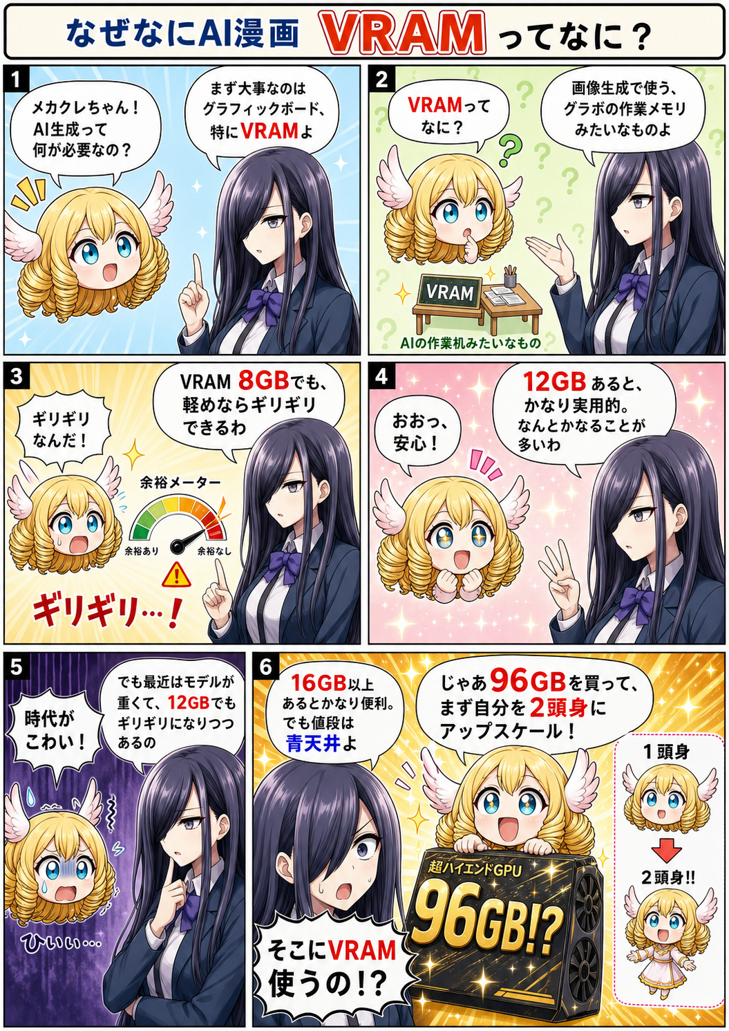 Sai漫画:5年AIイラスト生成と格闘した私が語る、ローカルAI生成に欠かせないVRAMの話。8GBは限界、12GBも最低ラインへ。多いほど快適だが価格は跳ね上がるため、用途と予算に合うグラボ選びが重要。