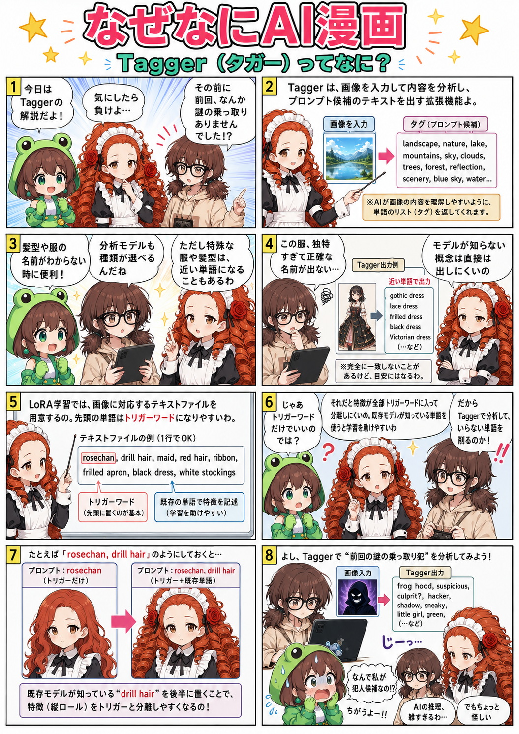 ai漫画:画像から髪型や服装をタグ化するTaggerの基本と、LoRA学習でトリガーワードと特徴を分ける活用法を解説します。