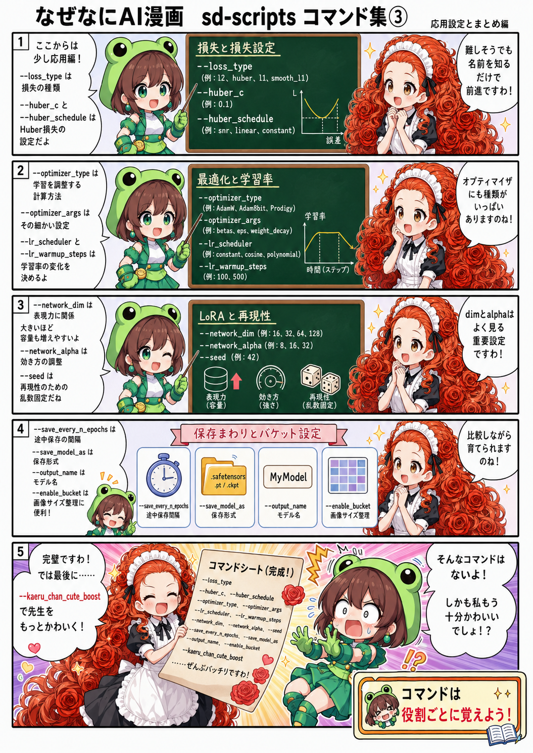 ai漫画:約5年ai生成イラストに奮闘したかっちゃんが、sd-scriptsのLoRA学習コマンドを役割ごとに整理！モデル指定、学習率、VRAM節約、過学習対策、optimizer、保存設定まで、ローズちゃんとカエルちゃんが漫画でやさしく解説します。