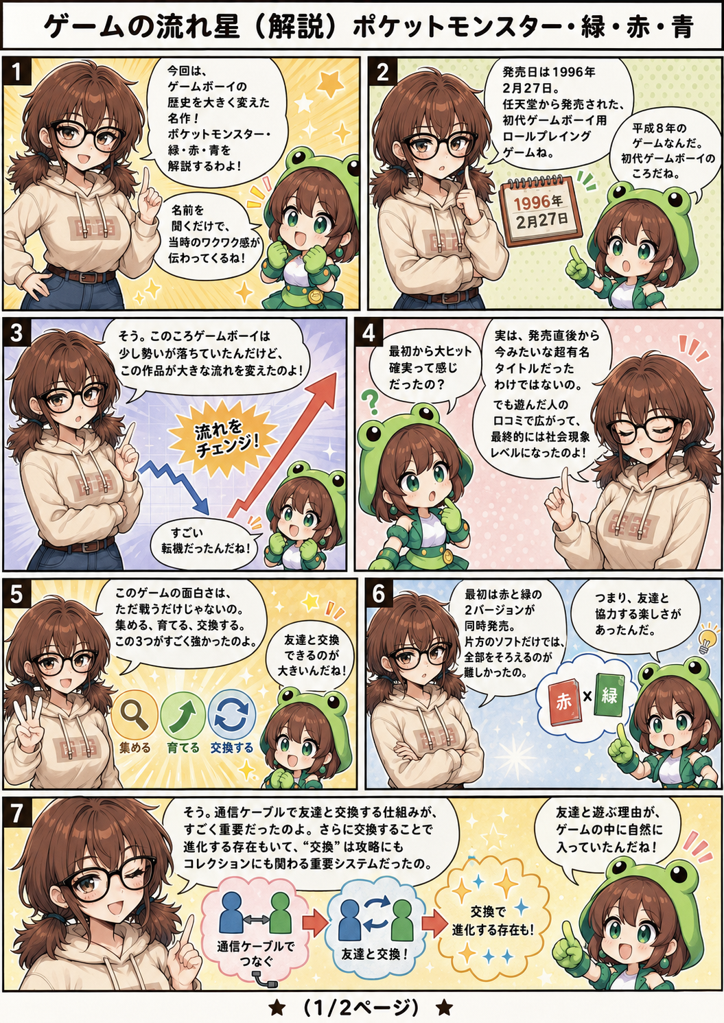 ai漫画:初代ポケモン赤・緑・青の交換や育成、バグ技、ミュウ誕生秘話まで楽しく語る名作RPG解説！