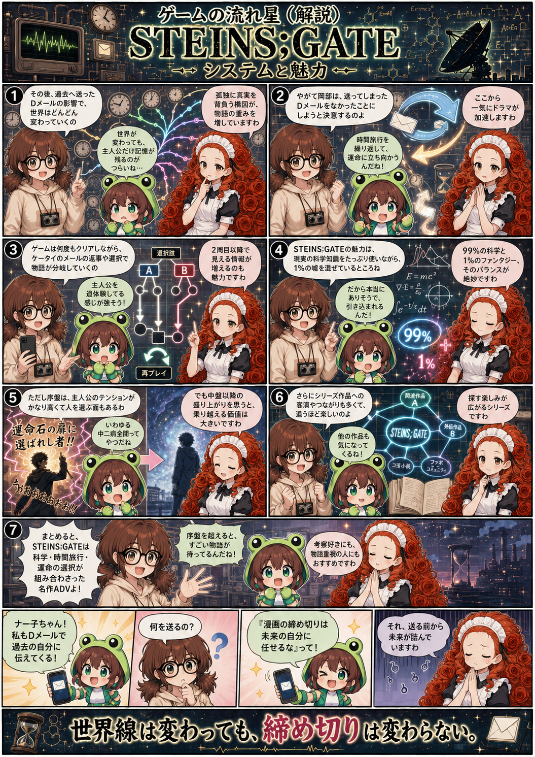 ai漫画:STEINS;GATEの時間旅行、Dメール、世界線、99％科学と1％ファンタジー、序盤の中二病を越えた先に待つ衝撃展開と、想定科学ADVの名作として語り継がれる魅力をわかりやすく解説します！！！！