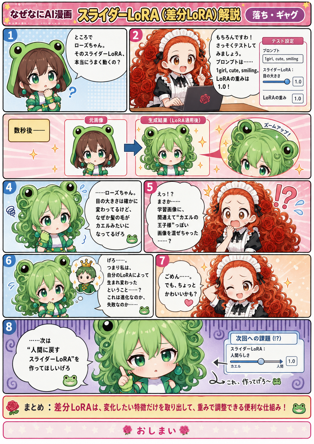 ai漫画:スライダーLoRAは差分学習で特定特徴（例：大きな目）のみを抽出・強調。重み調整で特徴の強弱や逆方向制御が可能。