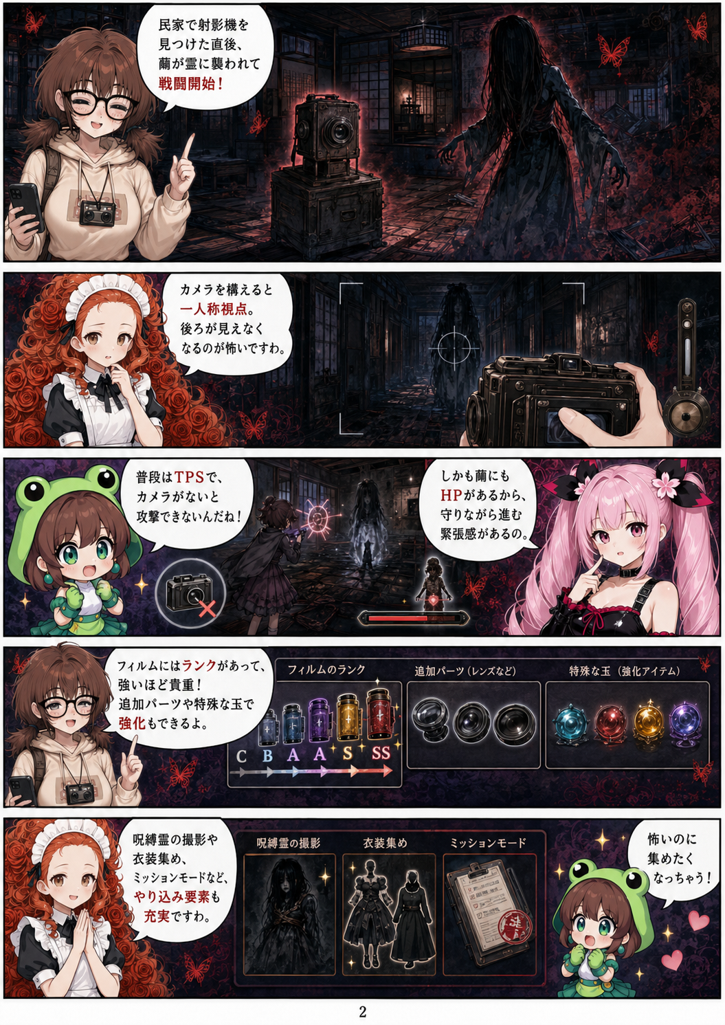 ai漫画:射影機で霊と戦う名作ホラー『零〜紅い蝶〜』。双子姉妹の悲劇、消えた村の伝承、カメラ戦闘や繭のHP、フィルム強化、呪縛霊撮影、ミッション、追加衣装やリメイクの進化まで全部をしっかり丁寧に振り返ります