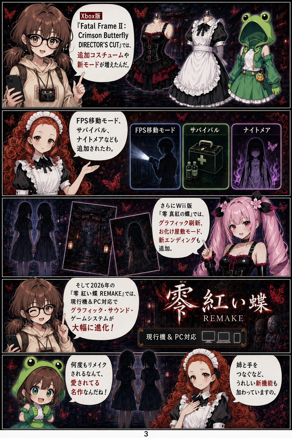 ai漫画:射影機で霊と戦う名作ホラー『零〜紅い蝶〜』。双子姉妹の悲劇、消えた村の伝承、カメラ戦闘や繭のHP、フィルム強化、呪縛霊撮影、ミッション、追加衣装やリメイクの進化まで全部をしっかり丁寧に振り返ります