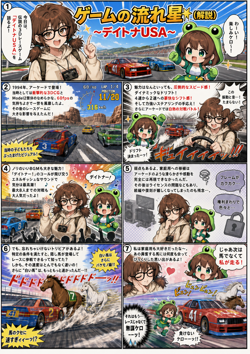 ai漫画:なぜなにAi解説〜デイトナUSA〜。1994年に登場した本作は歌ありの傑作。サターン版の40台レースや熱い歌も最高に楽しかった思い出の名作。時速200キロで爆走する隠しマシンの「馬」に大爆笑！